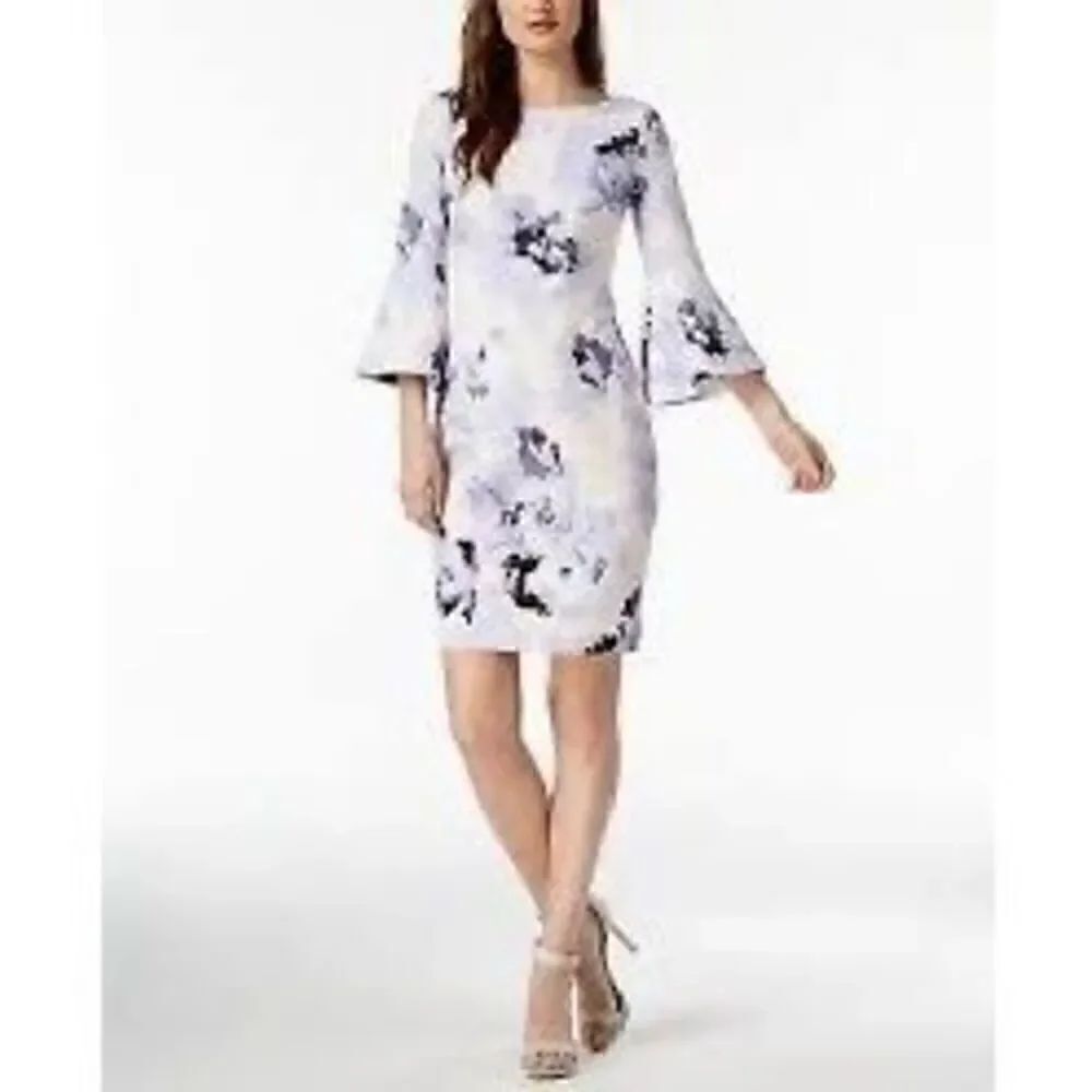 Calvin Klein Women’s Size 4 Floral Print Bell Sleeve Sheath Dress White Purple